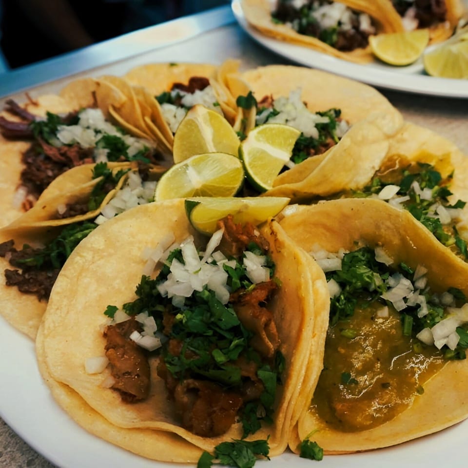 A plate of El Vaquero Mexican Restaurant's tacos with meat, onions, cilantro, salsa, and lime wedges.